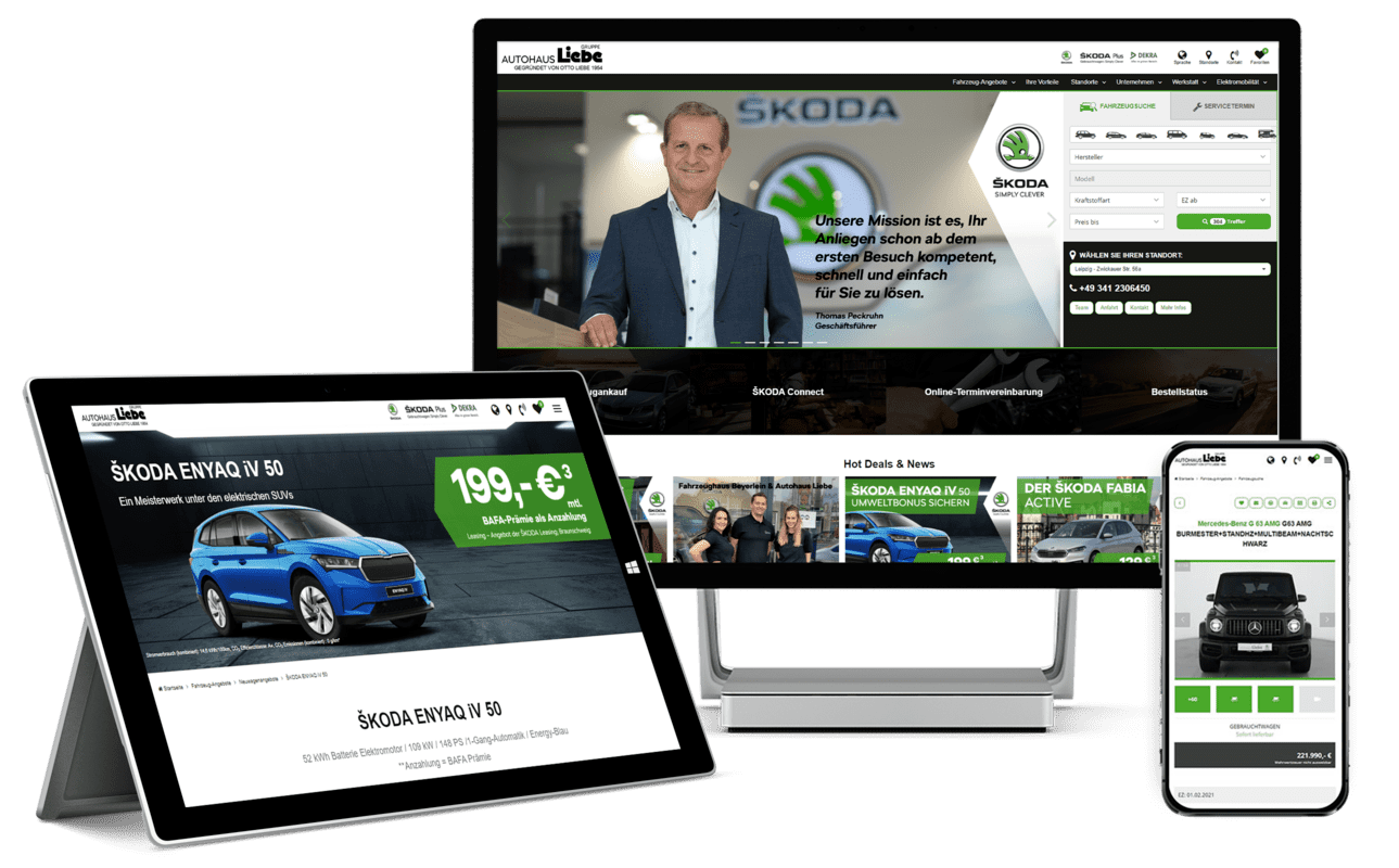 Tablet, Bildschirm und Handy mit Autohaus LIebe Website