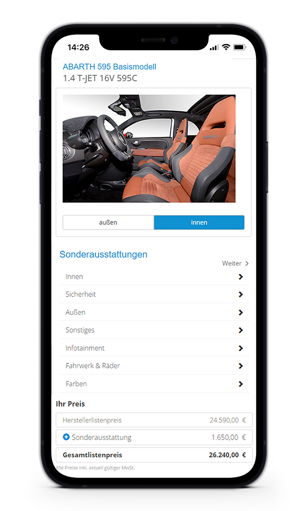 Neuwagenkonfigurator auf dem Smartphone