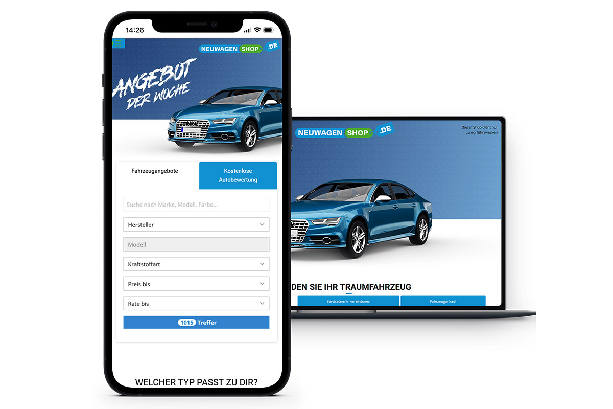 Handy und Desktop mit der Website Neuwagenshop und blaues Auto