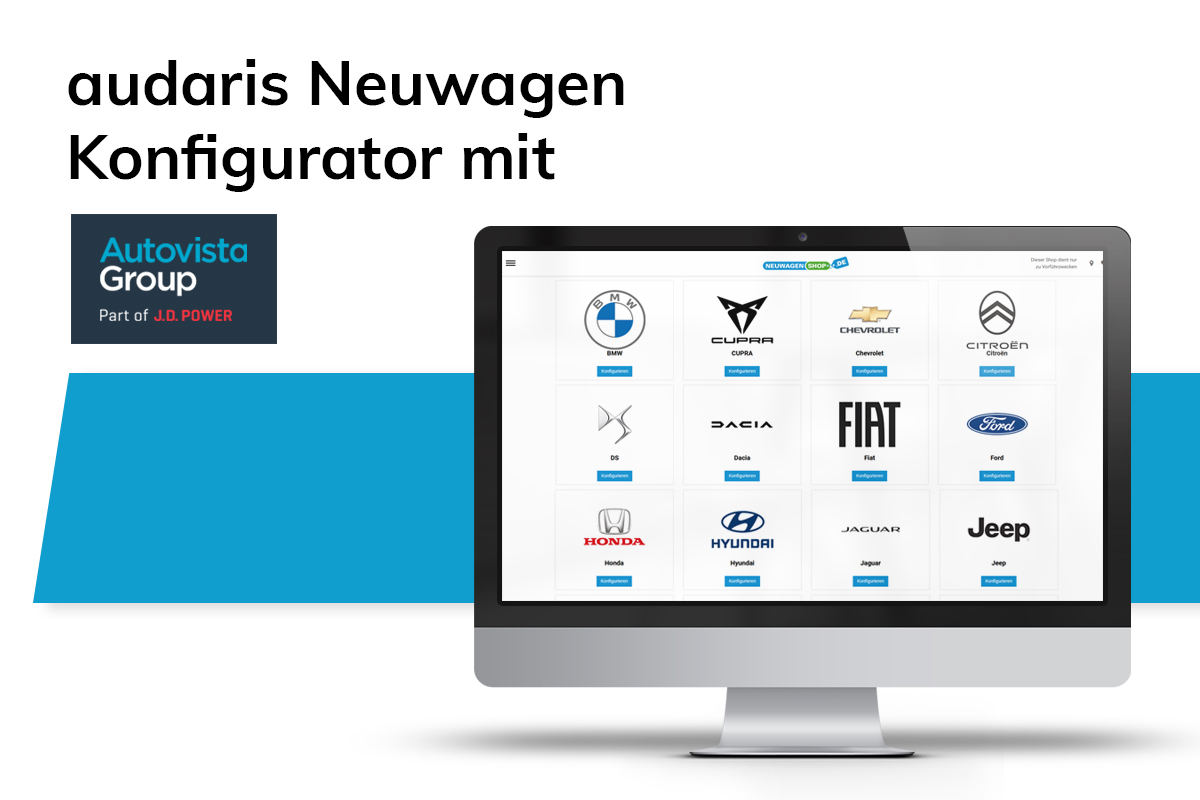 Das Bild zeigt einen Bildschirm und auf dem Display sind Logos von verschiedenen Automarken zu sehen. Bildtext: audaris Neuwagen Konfigurator mti Autovista