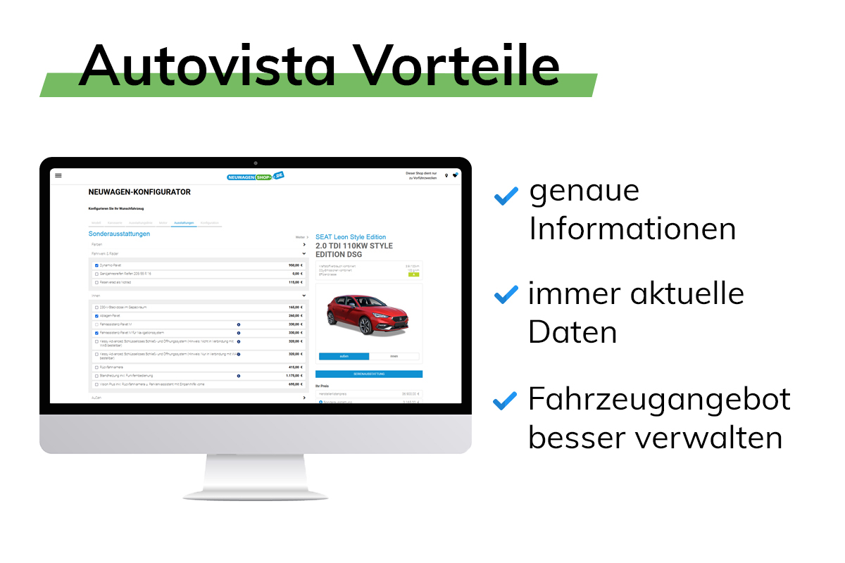 Zu sehen ist ein Bildschirm mit Neuwagen Konfigurator von SEAT Leon in rot. Bildtext: genaue Information, immer aktuelle Daten, Fahrzeugangebot besser verwalten