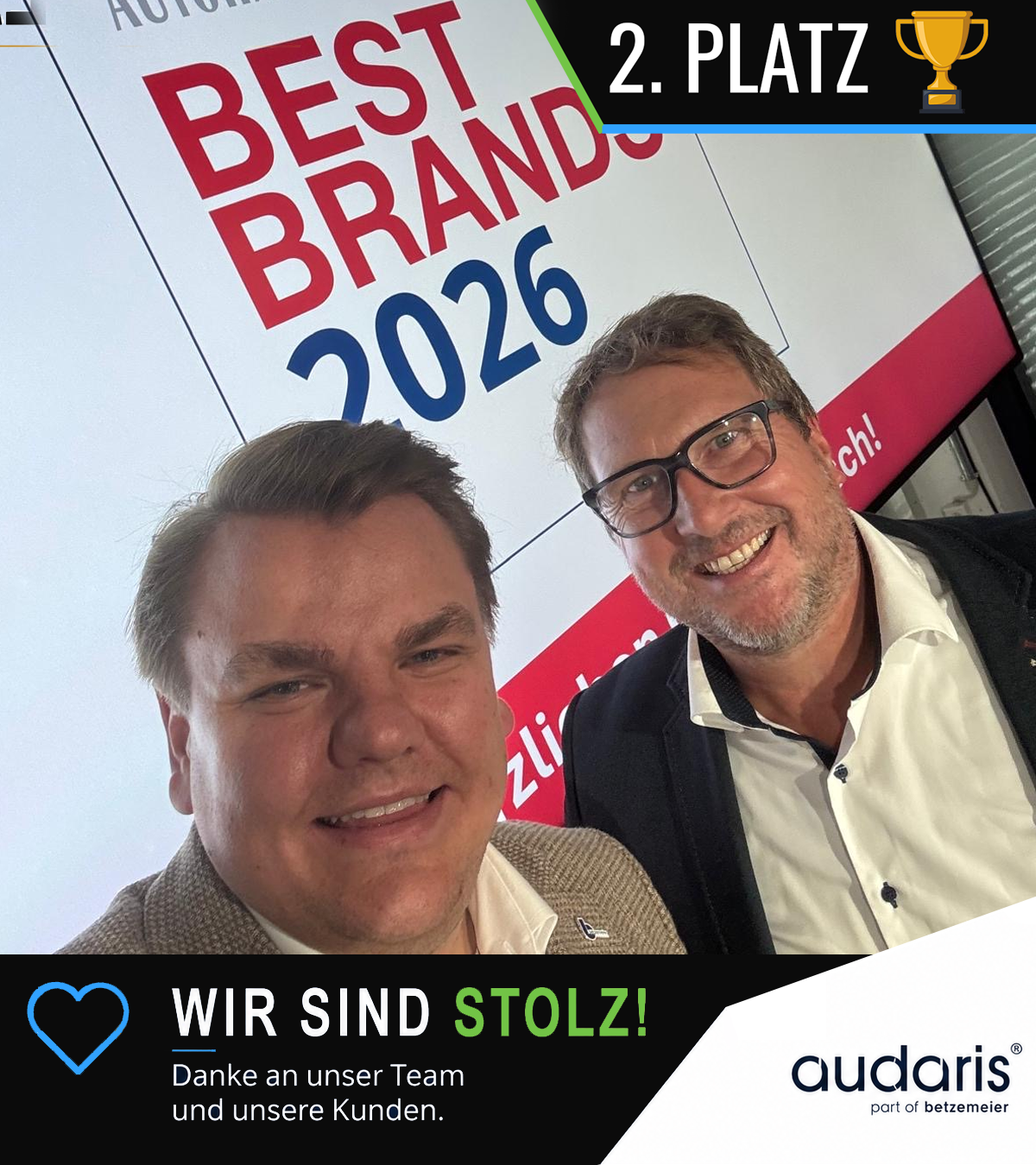 audaris Geschäftsführer Jürgen Hundshammer und Maximilian Betzemeier auf der Preisverleihung der Zeitschrift autohaus