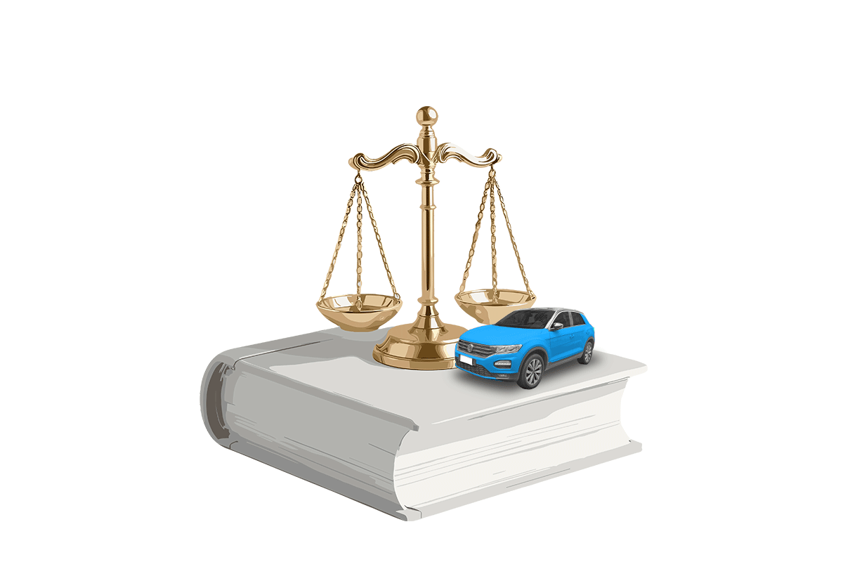 Bild zeigt eine Illustrattion mit einem Gesetzbuch und einem Auto