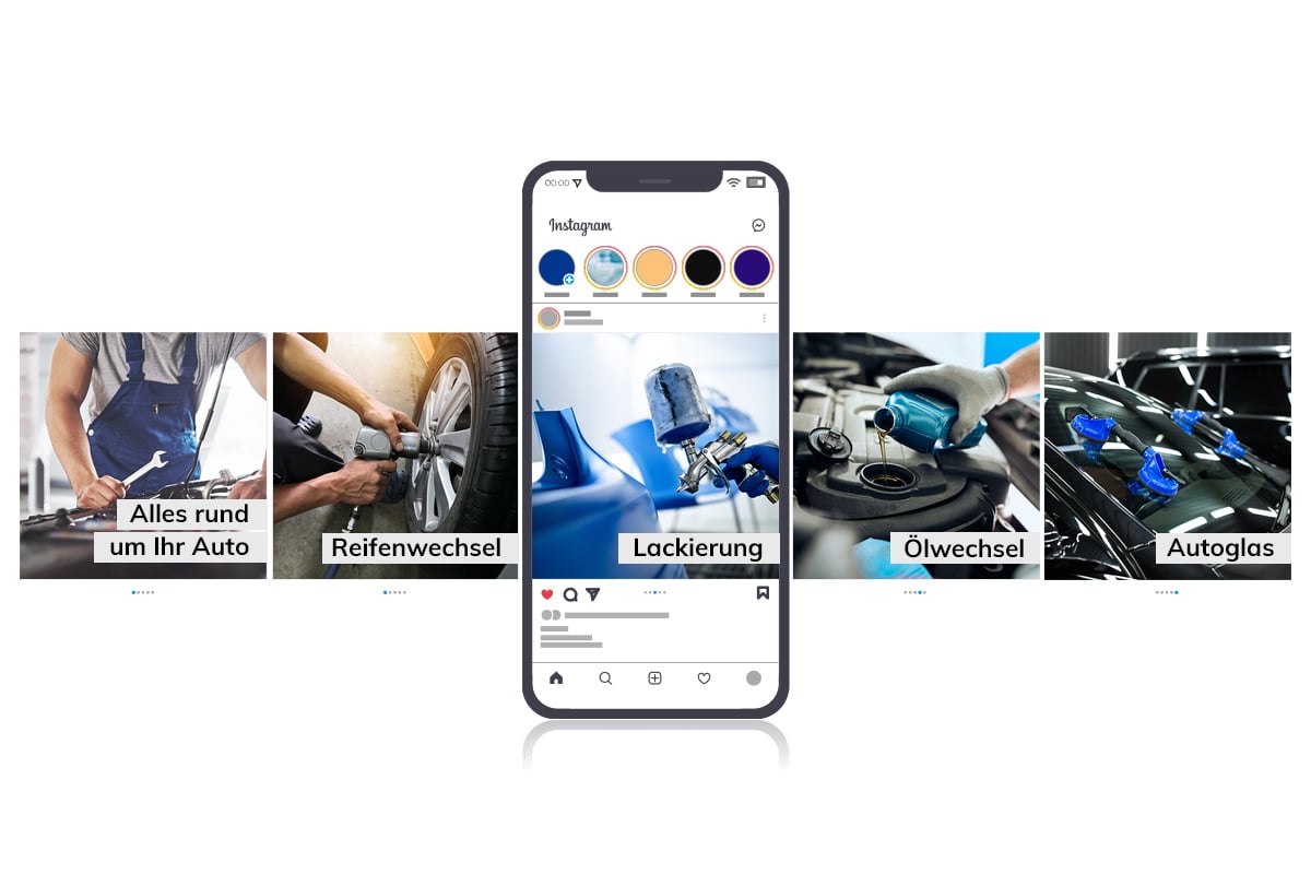Handy mit Instagram Post über Werkstattleistungen