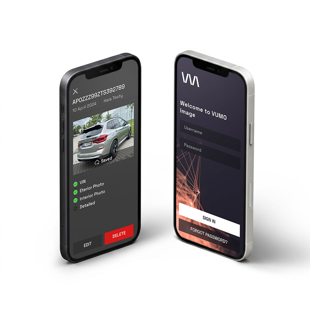 Zu sehen sind zwei Smartphone und auf dem Display sind Screenshots aus der VUMO-App zusehen